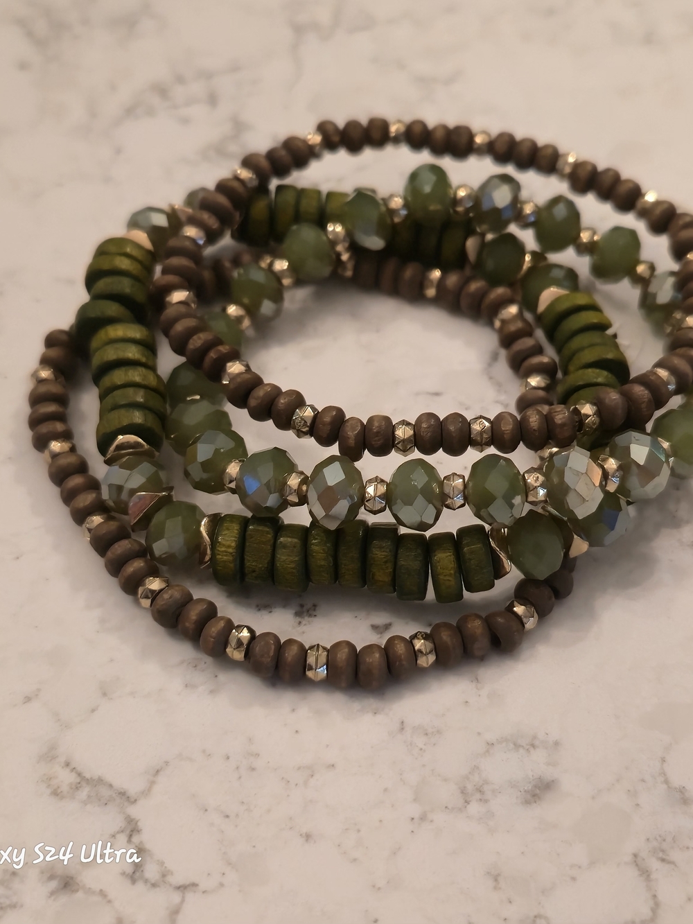 Source Unknown Olive Green and Brown Beaded Stretch Bracelet Set
